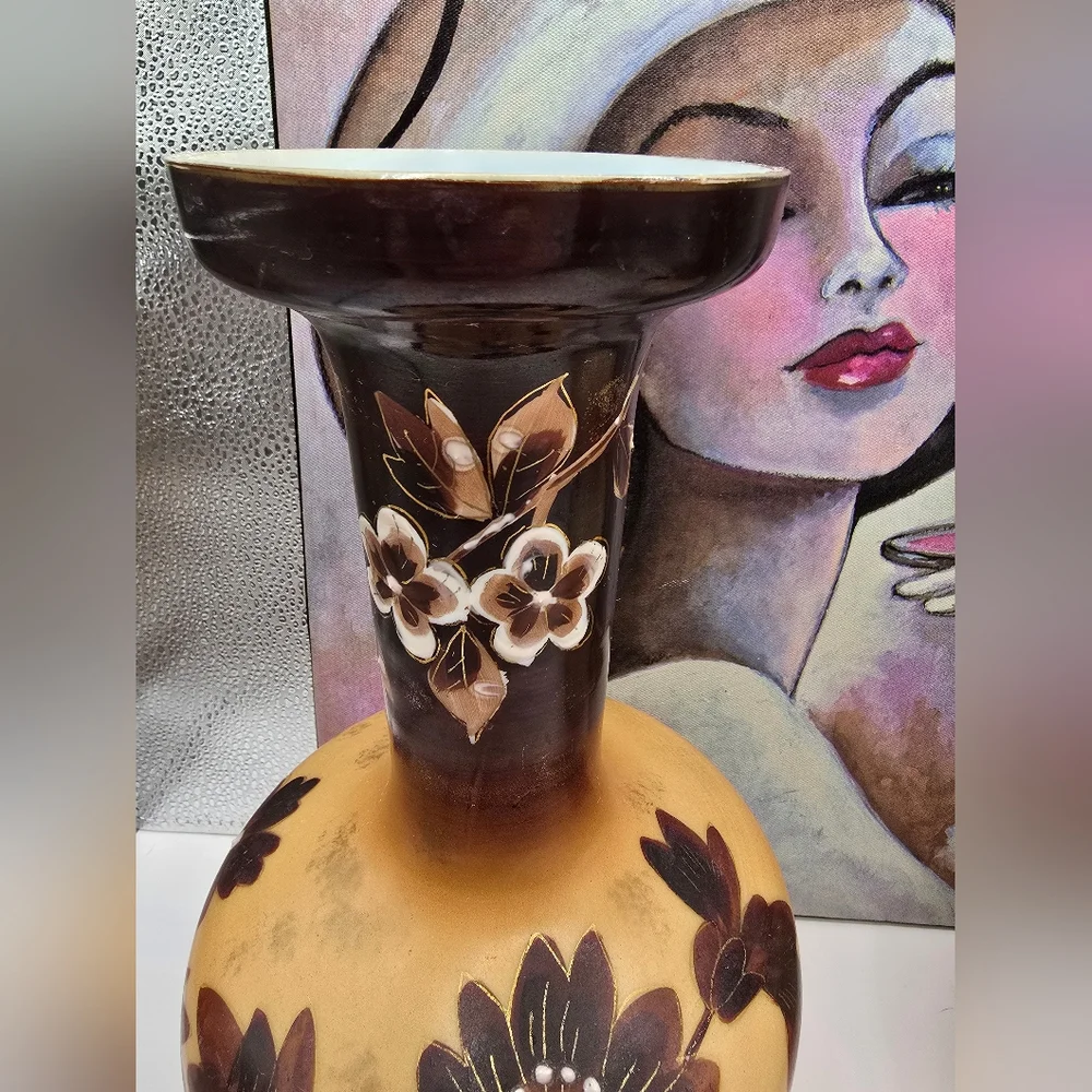 Antique Victorian Tan & Brown Floral Opaline Bristol Glass Pair of Vases